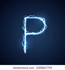 Blue lightning style letter or alphabet P. lightning and thunder bolt or electric font, glow and sparkle effect on blue background. vector design.