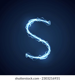 Blue lightning style letter or alphabet S. lightning and thunder bolt or electric font, glow and sparkle effect on blue background. vector design.