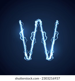 Blue lightning style letter or alphabet W. lightning and thunder bolt or electric font, glow and sparkle effect on blue background. vector design.