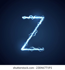 Letra azul de estilo luminoso o alfabeto Z. rayo y trueno o fuente eléctrica, efecto brillante y brillante sobre el fondo azul. diseño vectorial.