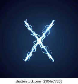 Letra azul de estilo luminoso o alfabeto X. rayo y trueno o fuente eléctrica, efecto brillante y brillante sobre el fondo azul. diseño vectorial.