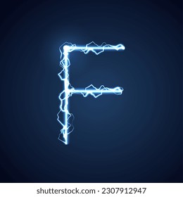 Letra azul de estilo luminoso o alfabeto F. rayo y trueno o fuente eléctrica, efecto brillante y brillante sobre el fondo azul. diseño vectorial.