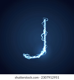 Blue lightning style letter or alphabet J. lightning and thunder bolt or electric font, glow and sparkle effect on blue background. vector design.