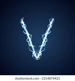 Blue lightning style letter or alphabet v. lightning and thunder bolt or electric font, glow and sparkle effect on blue background. vector design.