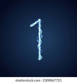 Blue lightning style number 1. lightning and thunder bolt or electric font, glow and sparkle effect on blue background. vector design.