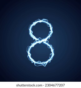 Blue lightning style number 8. lightning and thunder bolt or electric font, glow and sparkle effect on blue background. vector design.