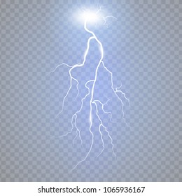 Blue Lightning and thunder-storm. Magic glow and sparkle bright lighting effect. Set of lightnings. 