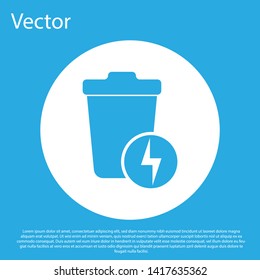 Blue Lightning with trash can icon isolated on blue background. Waste to energy. Garbage bin sign. Recycle basket sign. White circle button. Vector Illustration