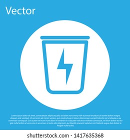 Blue Lightning with trash can icon isolated on blue background. Waste to energy. Garbage bin sign. Recycle basket sign. White circle button. Vector Illustration