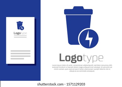 Blue Lightning with trash can icon isolated on white background. Waste to energy. Garbage bin sign. Recycle basket sign. Logo design template element. Vector Illustration