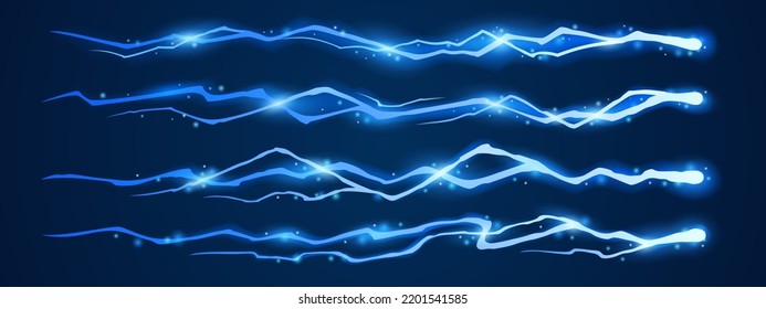 Blue lightnings, thunderbolt strikes effect at night. Electric energy impacts, shiny thunderstorm discharges with sparks isolated on dark background, vector cartoon set