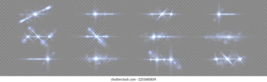 Blue lights bokeh glitter and sequins. Shining star explosion, sun particles blur and sparks with highlight effect. Effect glare, sun lens rays. Transparent light flare and sparkles lines set, vector