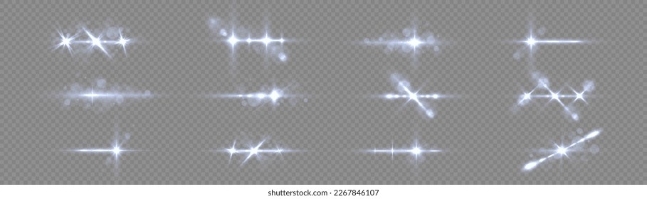 Las luces azules rompen el brillo o las secuencias. Las estrellas brillantes brillan por sus luces. Luminosidad transparente. Partículas de sol y chispas con efecto de resaltado. Glare, líneas, explosión, ilustración vectorial