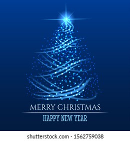 Blue lights christmas tree decoration. Light flow striped glow xmas fir with bokeh snow ornament on colorful dark background