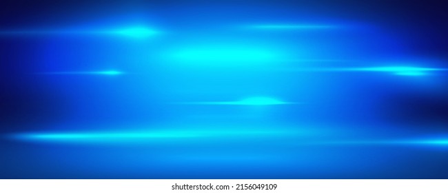 Blue lights and clouds blurred horizontal vector background. Abstract blue shining backdrop.