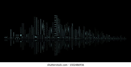 blue lights of the night city with reflection on the dark water, vector abstract cityscape illustration, black background