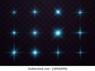 Blue lights on a transparent background. Set of light effects. Lights sparkles isolated, lens flare, explosion, glitter, line, sun flash, spark and stars.  Vector illustration.