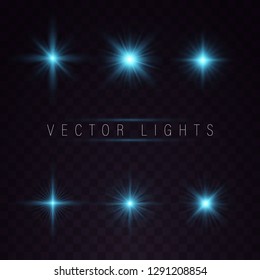Blue lights on a transparent background. Set of light effects. Lights sparkles isolated, lens flare, explosion, glitter, line, sun flash, spark and stars.  Vector illustration.