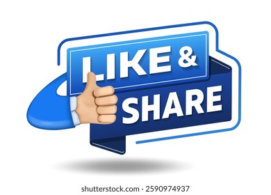 Blue like and share banner. 3d cartoon thumb up. Social media concept. Social media button icon. Vector 3d illustration