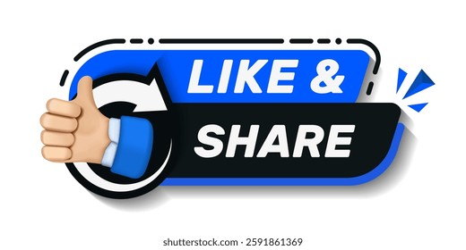 Blue like and share banner. 3d cartoon thumb up. Social media concept. Vector 3d illustration.
