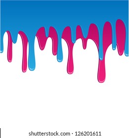 blue and lilac paint flowing down on a white background