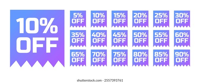 Blue and lilac ribbons with different discount amounts written on them.