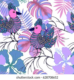 Blue and lilac stylized tropical birds with flowers and leaves. Floral seamless pattern.  