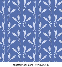 Blue Lily Buds and Leaves Vertical Stripe Seamless Pattern Background