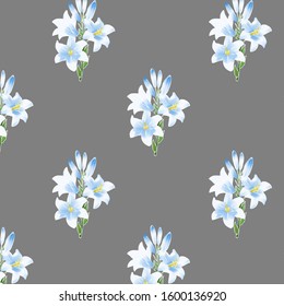 Blue lily. Floral seamless pattern isolated on grey background. Wrapping paper, wallpaper, fabric, textile, print design. Flowers. Stock illustration.