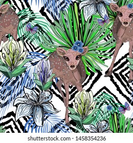 blue lily flowers, tropical leaves and deer baby on monochrome geometric background, vector seamless pattern