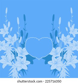 Blue lily and heart vector love postcard background for valentine's day. Wedding invitation template on the blue background.