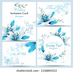 Blue lily Watercolor flower blossom card set Vector. Vintage greeting poster, wedding invitation, thank you postcard. Summer floral decoration bouquets