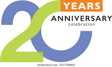 blue and lime green color number 20 and orange square with word years white color and word anniversary celebration black color are at the bottom.