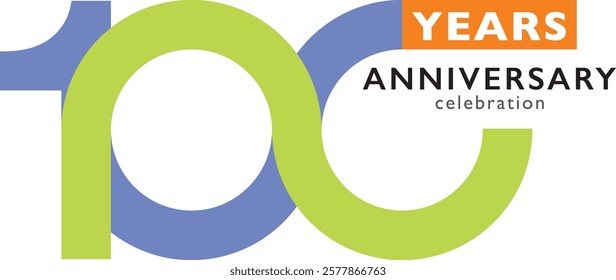 blue and lime green color number 100 and orange square with word years white color and word anniversary celebration black color are at the bottom.