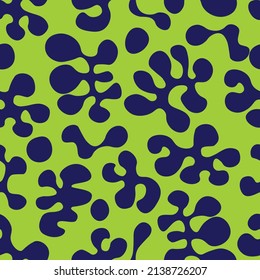 Blue and lime green organic, groovy blobs in repeatable seamless pattern, reminiscent of lava lamps.
