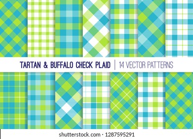 Blue and Lime Green Tartan and Buffalo Check Plaid Vector Patterns. Easter or Spring Backgrounds. Hipster Lumberjack Flannel Shirt Fabric Textures. Pattern Tile Swatches Included.