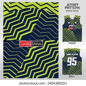 Blue lime green zigzag pattern design, illustration, textile background for sports t-shirt, football jersey shirt mockup for football club. consistent front view