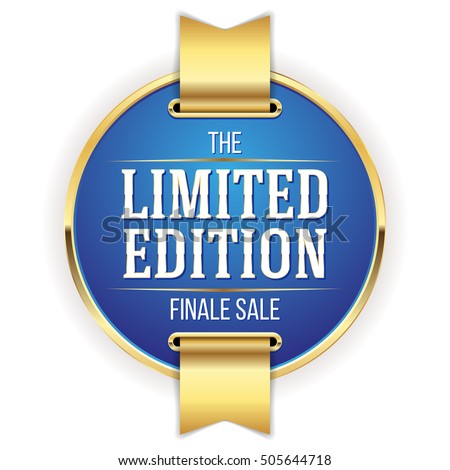 Blue limited edition badge, button with gold border on white background