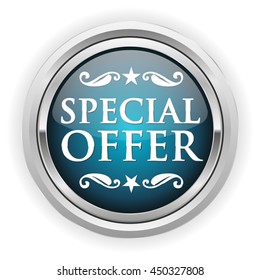 Blue limited edition button, badge with silver border on white background
