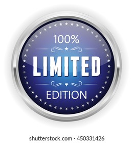 Blue limited edition button, badge with silver border on white background