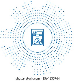 Blue line 3D printer icon isolated on white background. Abstract circle random dots. Vector Illustration