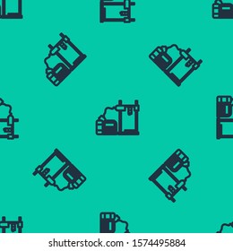 Blue line 3D printer icon isolated seamless pattern on green background.  Vector Illustration