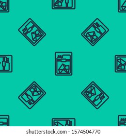 Blue line 3D printer icon isolated seamless pattern on green background.  Vector Illustration