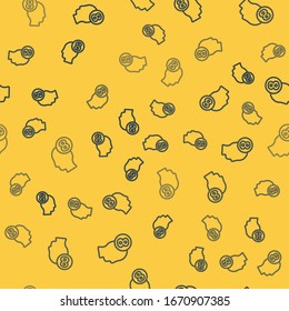 Línea azul 8 de marzo en icono de cabeza humana aislado sin fisuras en fondo amarillo. Día Internacional de la Mujer Feliz. Ilustración vectorial