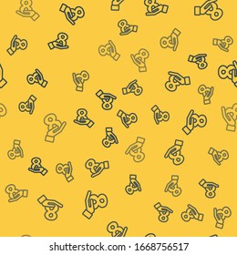 Blue line 8 March on hand icon isolated seamless pattern on yellow background. International Happy Women Day.  Vector Illustration