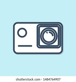 Blue line Action extreme camera icon isolated on blue background. Video camera equipment for filming extreme sports.  Vector Illustration