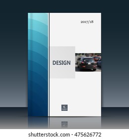 Blue line ad texture. Abstract cover design. Auto image. Creative binder model. Catalog mockup. Urban city car road icon banner. White a4 brochure title sheet. Flyer font. Vertical stripe figure theme
