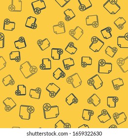 Blue line Add new file icon isolated seamless pattern on yellow background. Copy document icon.  Vector Illustration