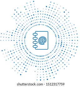 Blue line Address book icon isolated on white background. Notebook, address, contact, directory, phone, telephone book icon. Abstract circle random dots. Vector Illustration