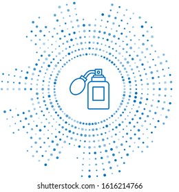 Blue line Aftershave bottle with atomizer icon isolated on white background. Cologne spray icon. Male perfume bottle. Abstract circle random dots. Vector Illustration